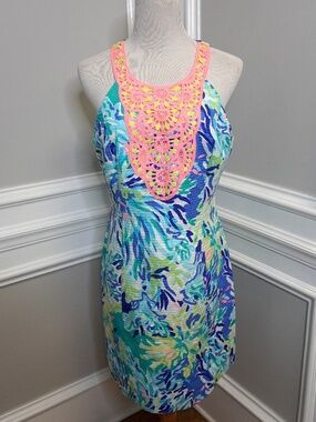 Lilly Pulitzer pearl shift dress brilliant blue wade and sea crochet lace Size 8